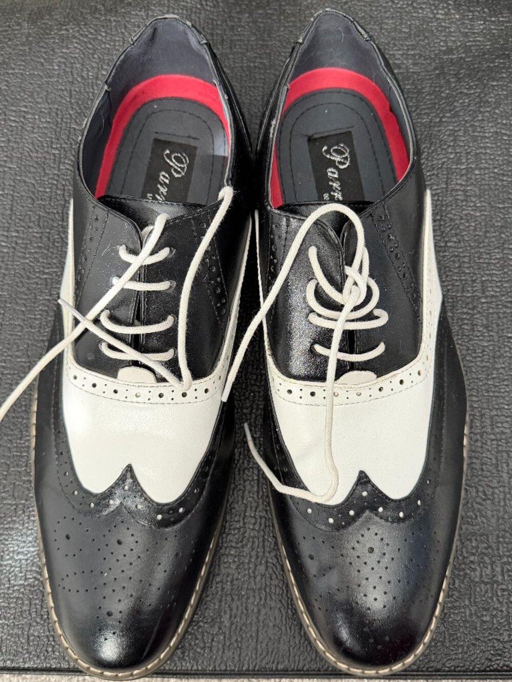 Parrazo Men's 12 Black White Tuxedo Oxfords Wooden Wingtip Shoes